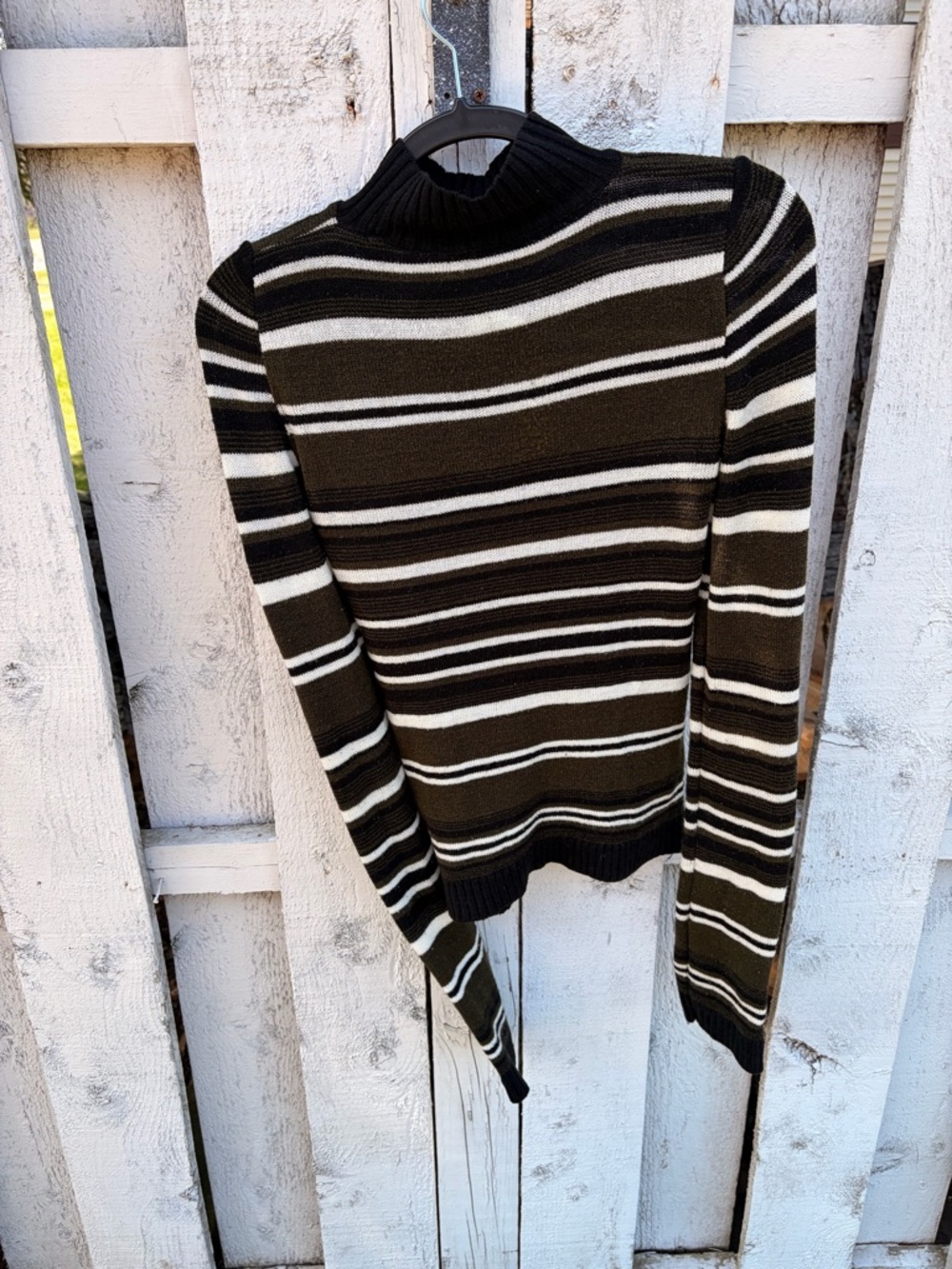 Striped Olive and Black Women's Sweater - Classic Mock Neck